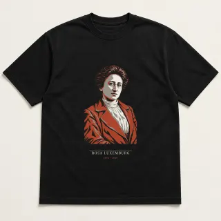 Front of a black tee carrying the neoclassical Rosa Luxemburg design