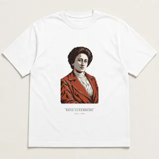 Front of a white tee carrying the neoclassical Rosa Luxemburg design