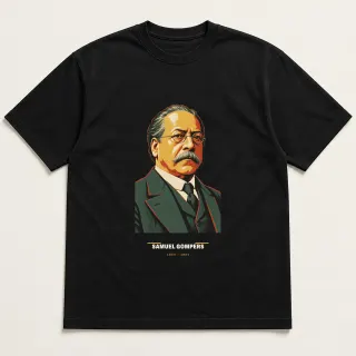Front of a black tee carrying the mid-century Samuel Gompers design