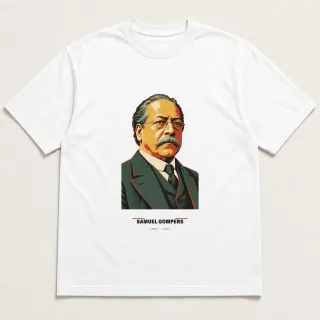 Front of a white tee carrying the mid-century Samuel Gompers design