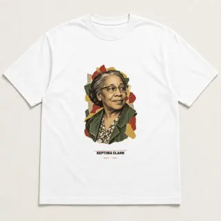 Front of a white tee carrying the scrapbook Septima Clark design
