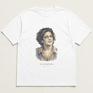 Front of a white tee carrying the ethereal Sylvia Rivera design