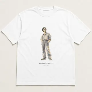 Front of a white tee carrying the marble mist Woody Guthrie design